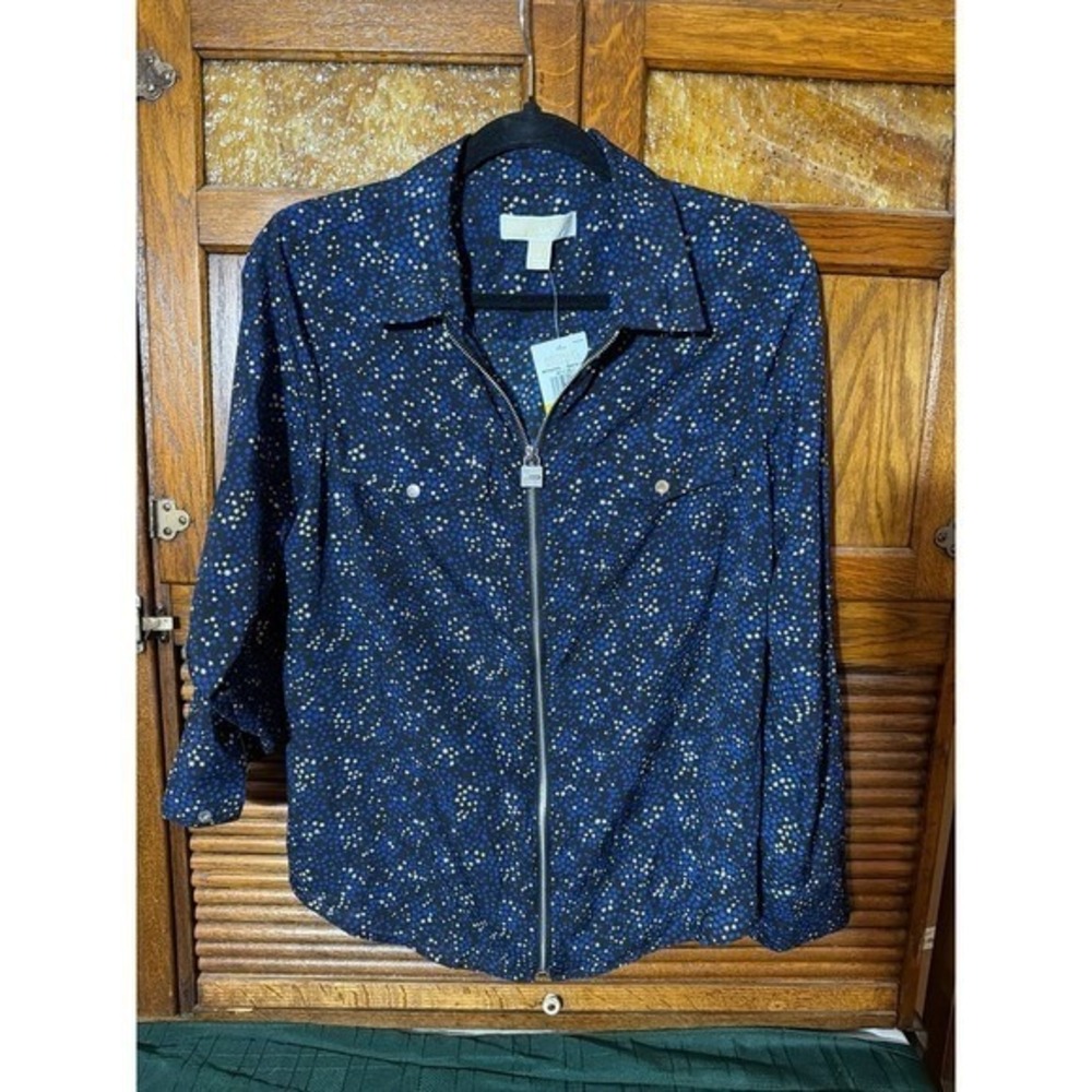 NWT Michael Kors size medium zip up shirt.  Black with silver and blue stars.